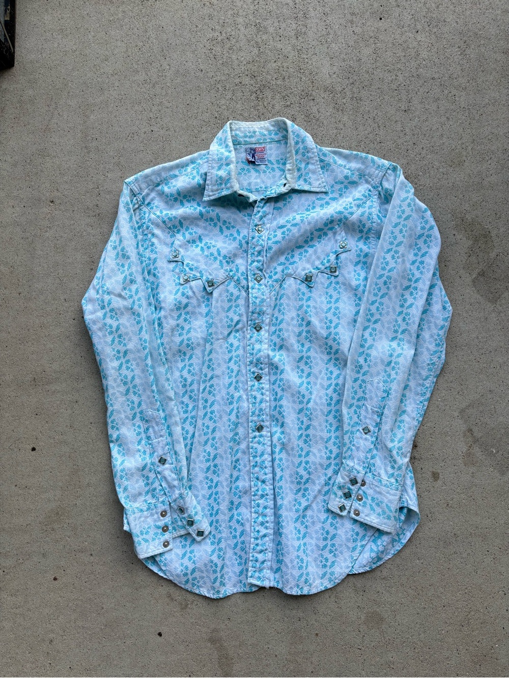 Vintage 70s Levis Western Wear Pearl Snap Shirt Turquoise Sawtooth 20x29 Small